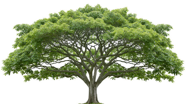 Large spreading Samanea saman rain tree with lush green foliage and thick branches