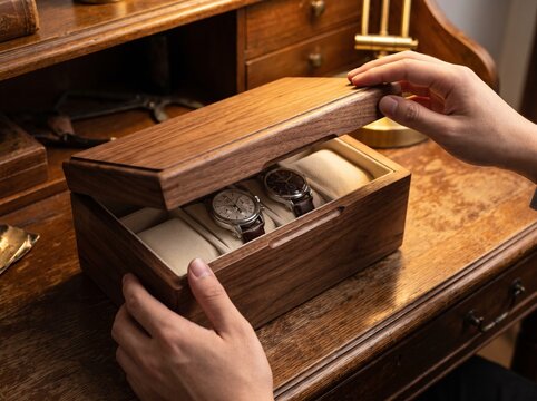 Hands opening wooden luxury watch box display case filled with wristwatches on vintage wooden desk table