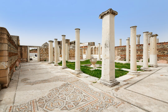 Turkey, Sardis, View of Sardis synagogue with mosaic floor