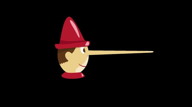 Pinocchio liar stretches nose. caught telling lies. animation clip with transparent background