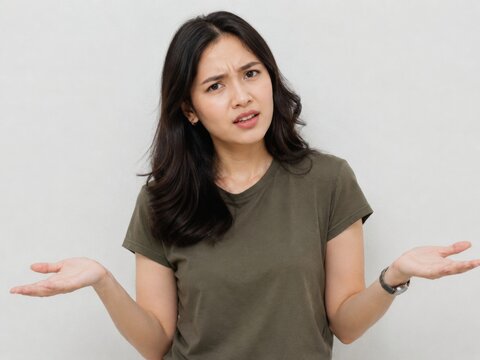Confused young Asian woman in green t-shirt shrugging her shoulders and looking skeptical.