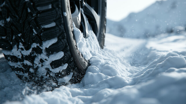 Winter tire gripping deep snow in extreme winter driving conditions