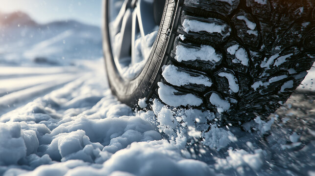 Winter tire gripping deep snow in extreme winter driving conditions
