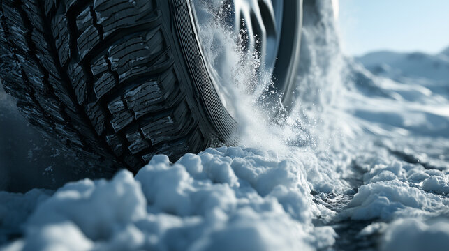 Winter tire gripping deep snow in extreme winter driving conditions