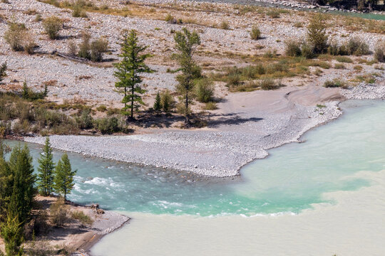 Close up of Argut and Koksu rivers confluence, Samakha steppe, Altai
