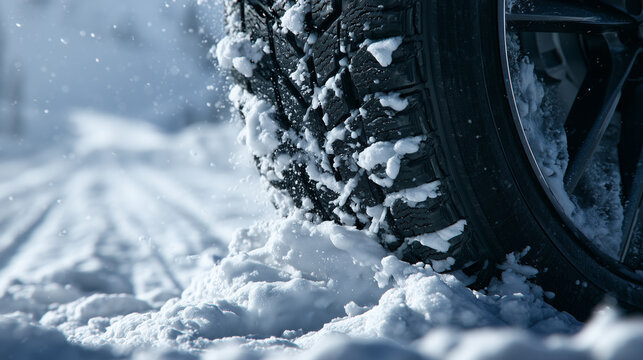 Winter tire gripping deep snow in extreme winter driving conditions