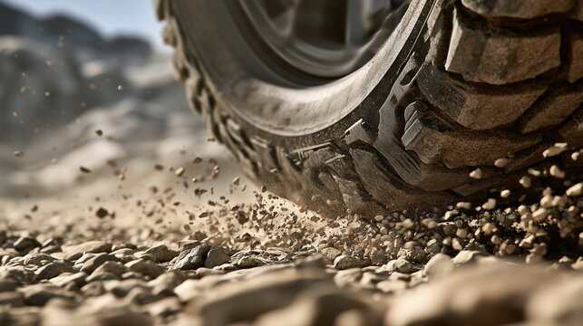 All terrain tire gripping loose gravel on rugged road
