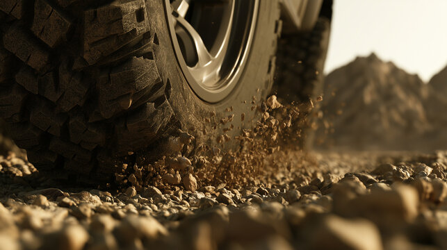 All terrain tire gripping loose gravel on rugged road