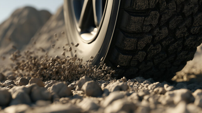All terrain tire gripping loose gravel on rugged road