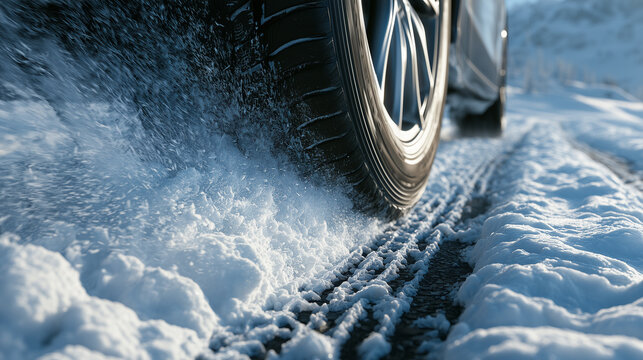 Winter tire gripping deep snow in extreme winter driving conditions