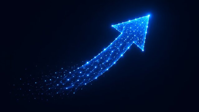 Illuminated blue network plexus forming an upward pointing arrow symbolizing digital connectivity and technological business expansion
