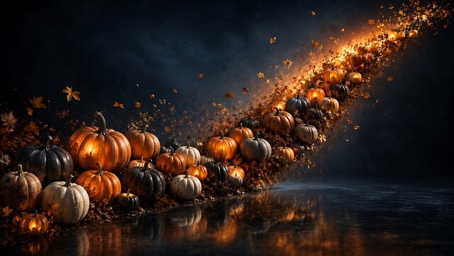 Pumpkins arranged on dark textured background