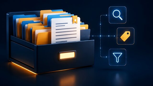 Glowing digital document management system with organized file folders in a modern archive drawer and interactive search and filtering interface elements