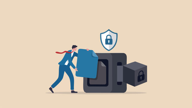 Businesswoman inserting a blue document into a secure server box with a shield file