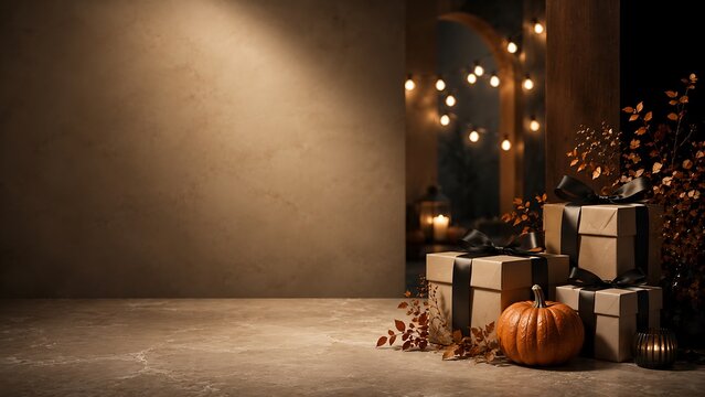 Cozy autumn scene with decorated boxes and lights
