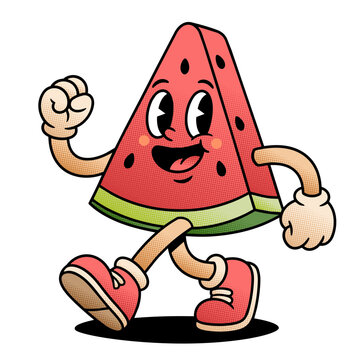 Cute Watermelon Cartoon Mascot Walking Smile Retro Pop Art Fruit Character Illustration