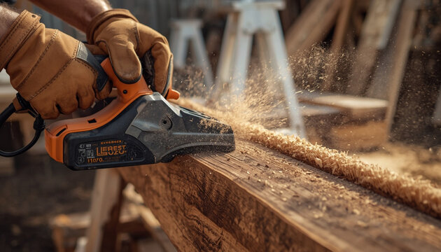 worker using electric planer