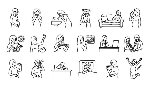 Pregnant woman and morning sickness thin line outline vector icon set with nausea fatigue symptoms and prenatal care