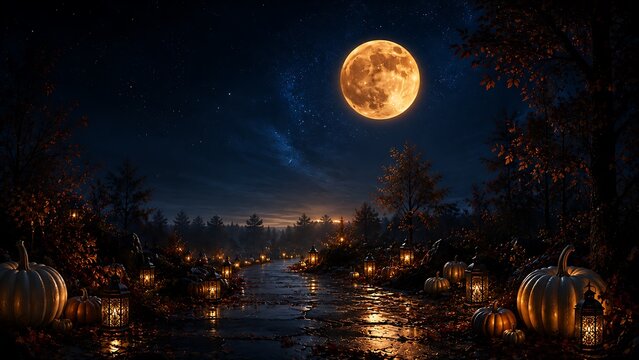 Full moon over illuminated river with bridges