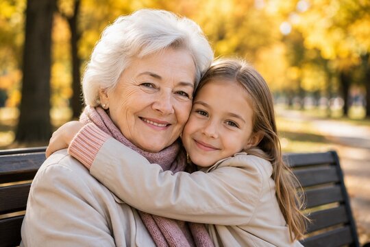 Gl&uuml;ckliche Gro&szlig;mutter und Enkelin umarmen sich im herbstlichen Park &ndash; Familienliebe, Generationen und Internationaler Tag der &auml;lteren Menschen. KI