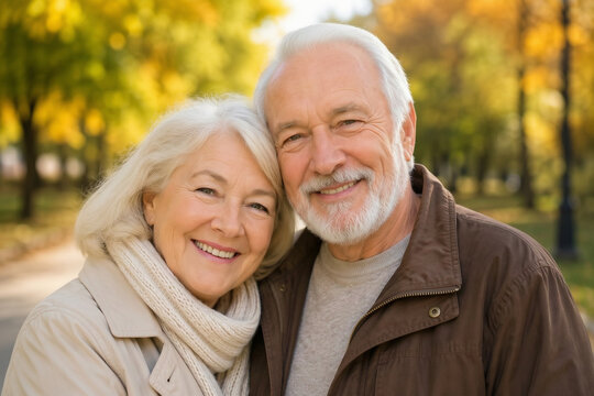 Portrait d'un couple de personnes &acirc;g&eacute;es heureux souriant dans un parc en automne, concept de la Journ&eacute;e internationale des personnes &acirc;g&eacute;es