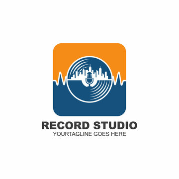A sleek logo for a record studio featuring a vinyl record and microphone, representing the music industry. Ideal for businesses involved in sound production and recording.