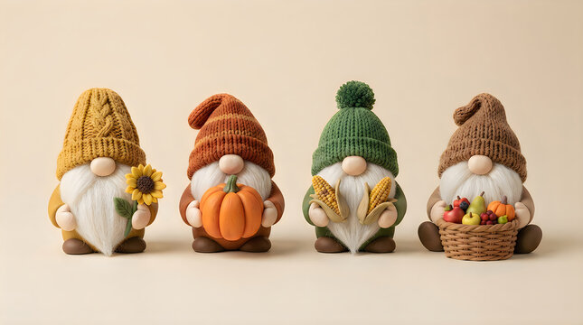 Four cute autumn gnomes holding a sunflower pumpkin wheat and a basket of fall harvest vegetables