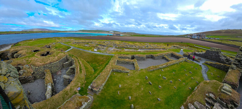 Panoramic view of Jarlshof prehistoric and norse archaeological site in Shetland, Scotland