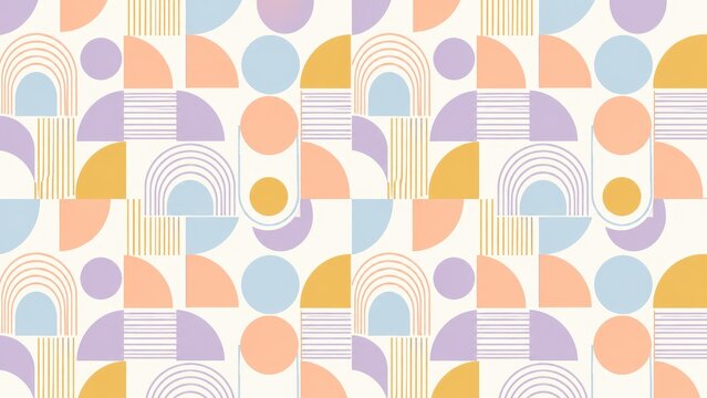 Pastel geometric pattern with arches, semicircles, circles and striped motifs in soft peach, lilac, blue and mustard tones