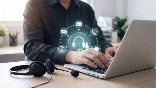 Call center and online customer support concept, man with headset on laptop with communication icons for email, live chat, phone call and global contact center service technology assistance