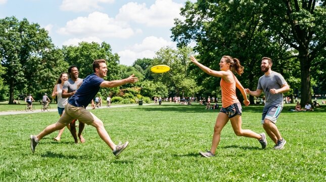 Group of friends playing frisbee in a sunny park.