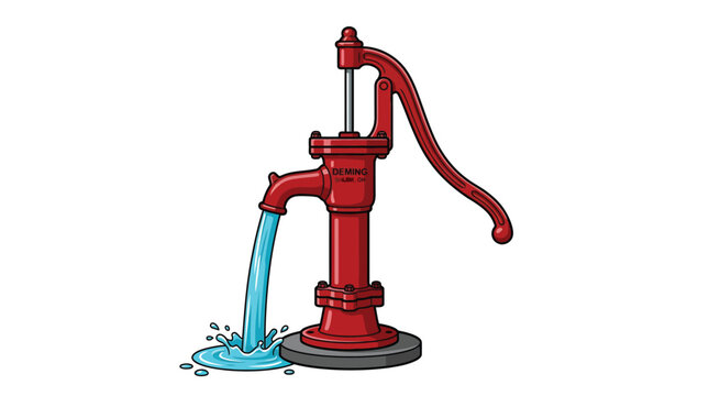 Vintage red manual hand water pump pouring a stream of clear blue liquid onto ground