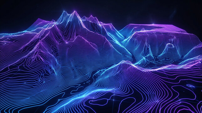 Futuristic blue wireframe mountain landscape with glowing terrain lines, digital waves, and a luminous horizon on a dark background