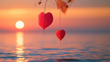 Fototapeta premium Two red heartshaped leaves hang suspended over calm water during a warm sunset.