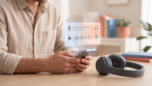 Audio streaming and voice recording podcast technology concept. Man on smartphone with microphone, sound wave, play icon and headphones for online music listening and voice assistant application