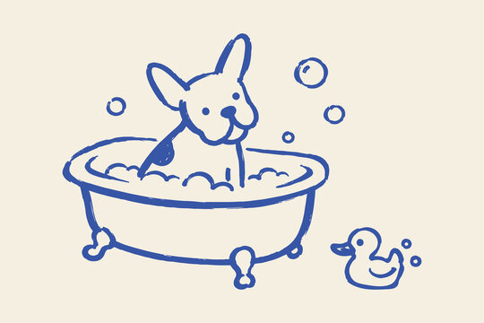 French Bulldog in Bathtub with Duck Hand Drawn Doodle