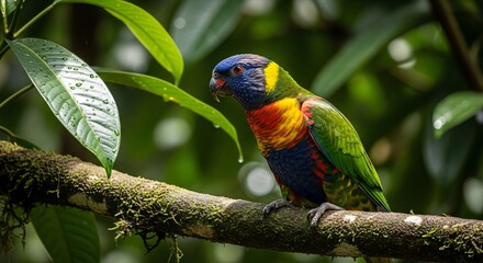 Obraz premium Vibrant Rainbow Lorikeet Perched on a Mossy Branch in Lush Rainforest.