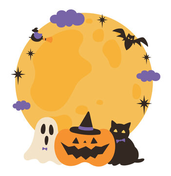 ハロウィンの満月とかぼちゃのタイトルフレーム_ハロウィーンのコピースペースのあるカボチャの吹き出し_バックグラウンド素材