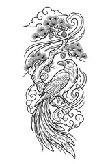 Fototapeta premium Japanese Raven Bird Perched on Pine Branch with Clouds and Wind Swirls Coloring Page Line Art
