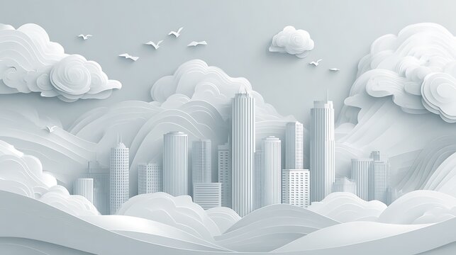 Minimalist white geometric cloud and skyscraper building