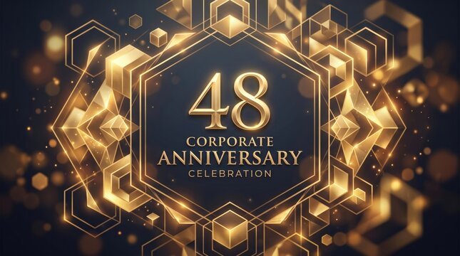 Luxurious 48th Corporate Anniversary Logo Template. Golden Hexagonal Geometric Design with Shiny Metallic Texture and Glowing Sparkles for Gala Invitation Background