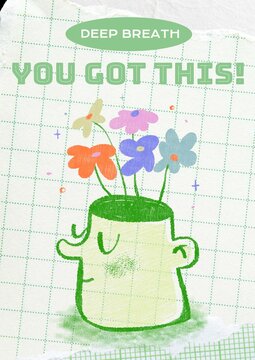 Illustration of a face with flowers growing from the head, motivational text.
