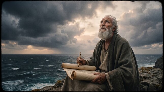 Apostle John holds a quill and parchment scroll overlooking a turbulent ocean on the Isle of Patmos in Book of Revelation biblical scene.