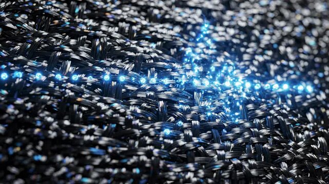 Abstract dark carbon fiber texture background with glowing blue light streaks, digital innovation and technology