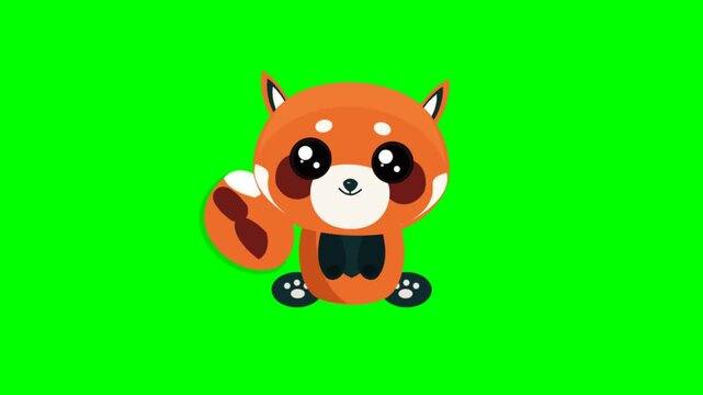 Cute red panda cartoon character sitting on vibrant green chroma key background