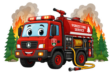 Naklejka premium Cute Cartoon Fire Truck Character Engaged in Forest Firefighting Operation