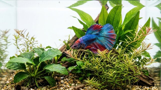 A vibrant blue and red betta fish swims among lush green aquatic plants in a freshwater aquarium