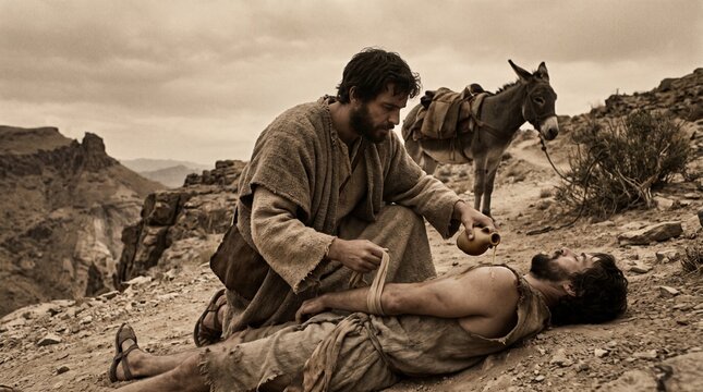 The Good Samaritan pours oil on the wounds of an injured traveler beside his pack donkey in Parable of the Good Samaritan biblical scene.