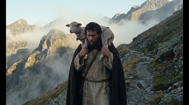 The Good Shepherd carries a lost lamb on his shoulders along a rocky mountain ridge in Parable of the Lost Sheep biblical scene.