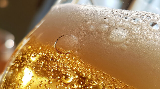 Macro close up of golden beer and foam bubbles in a glass